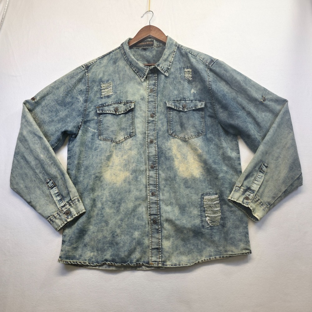 Denim & Rivets Men's Distressed Denim Long‎ Sleeve Button Up Shirt Size XL